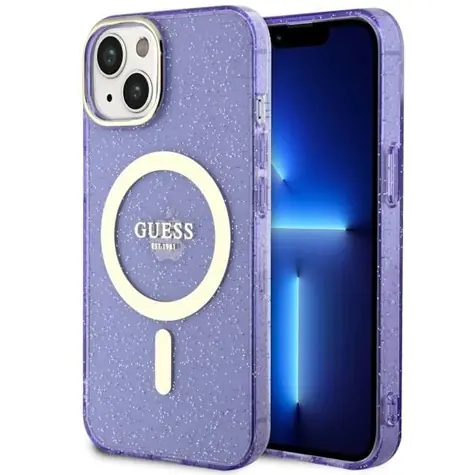 Guess iPhone 14 Plus Glitter Gold fialová / Zadní kryt / MagSafe