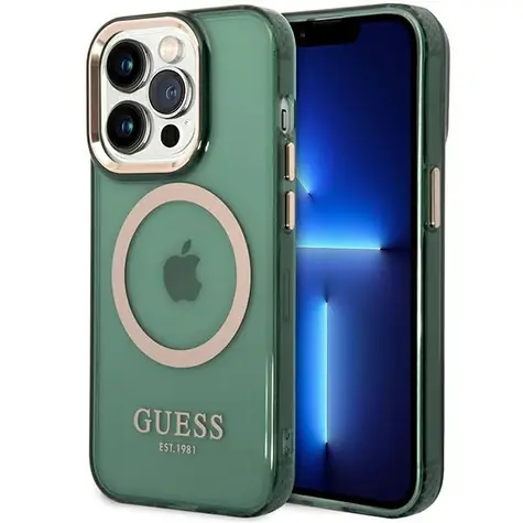 Guess Gold Outline Translucent zelená/khaki / Pevný zadní kryt pro Apple iPhone 14 Pro Max / MagSafe