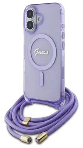 Guess Crossbody Cord Script MagSafe Zadní kryt pro iPhone 16 fialová / Zadní kryt / MagSafe