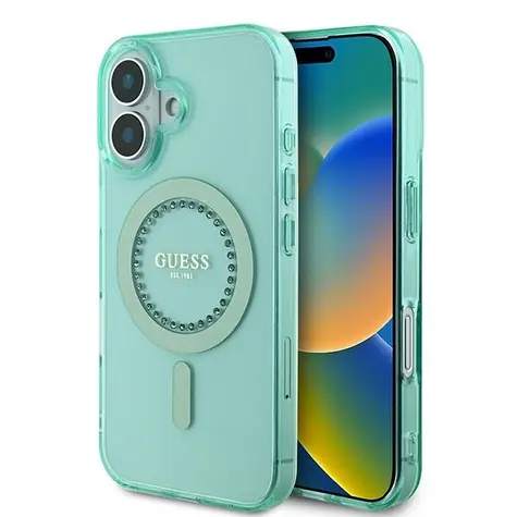 Guess IML Rhinestones MagSafe zelená / Zadní kryt / Apple iPhone 16 Plus