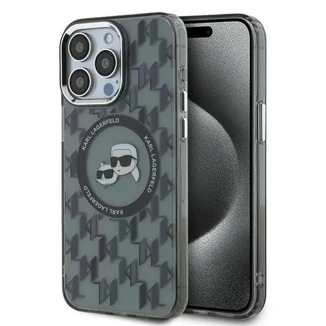 Karl Lagerfeld IML Monogram Karl & Choupette Head černá / Kryt / iPhone 15 Pro / MagSafe