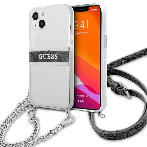 Guess GUHCP13SKC4GBSI transparentní, šedý řemínek / Zadní kryt / pro Apple iPhone 13 mini / Stříbrný řetízek / 4G