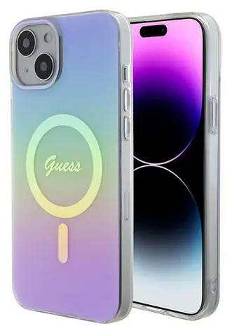 GUESS IML Iridescent MagSafe fialová / Zadní kryt / Apple iPhone 15 / Hardcase
