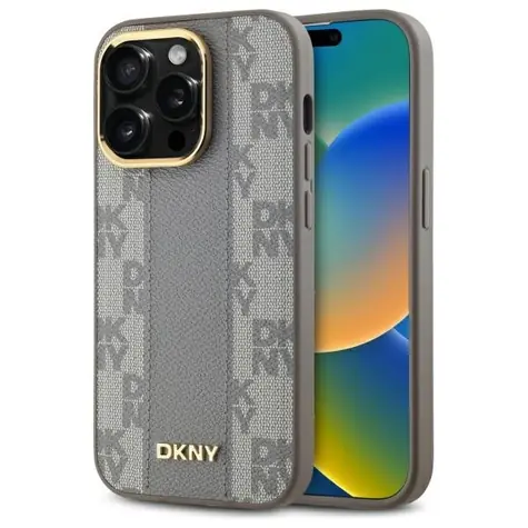 DKNY Leather Checkered Mono Pattern MagSafe béžová / Zadní kryt / Apple iPhone 14 Pro / MagSafe