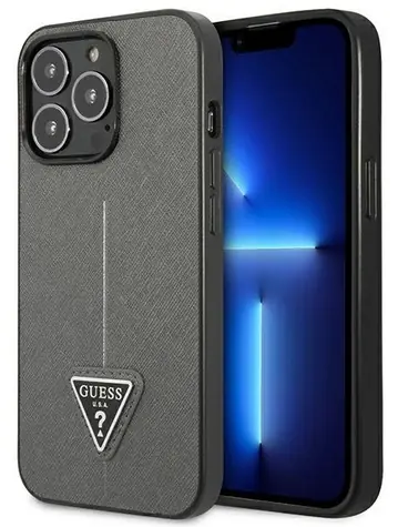 GUESS Saffiano Triangle pro Apple iPhone 14 Pro Max stříbrná / Zadní kryt / Umělá kůže