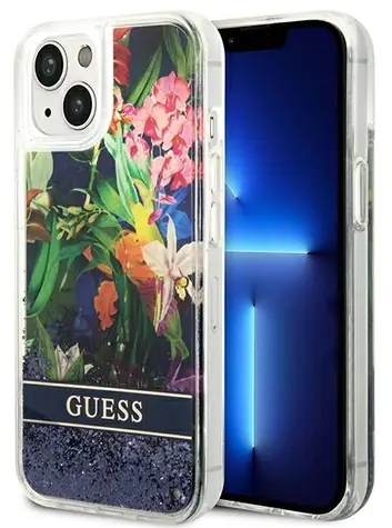 GUESS Flower Liquid Glitter modrá / Zadní kryt / Apple iPhone 14 / Hardcase