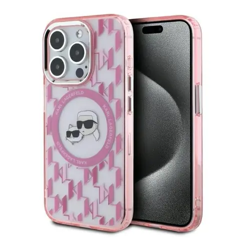 Karl Lagerfeld IML Monogram Karl & Choupette Head růžová / Zadní kryt pro iPhone 15 Pro / MagSafe