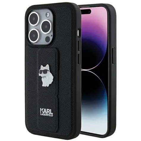 Karl Lagerfeld Saffiano Choupette Pins Gripstand černá / Zadní kryt / Apple iPhone 14 Pro / se stojánkem