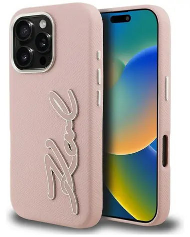 Karl Lagerfeld Grained Signature Logo růžová / Zadní kryt / iPhone 16 Pro