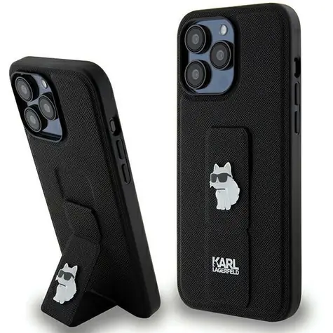 Karl Lagerfeld Gripstand Saffiano Choupette Pins černá / Kryt se stojánkem pro Apple iPhone 13 Pro Max / saffiano kůže