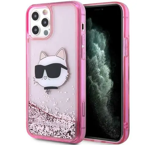 Karl Lagerfeld Choupette Head Glitter růžová / Zadní kryt pro iPhone 12 a 12 Pro / Hardcase
