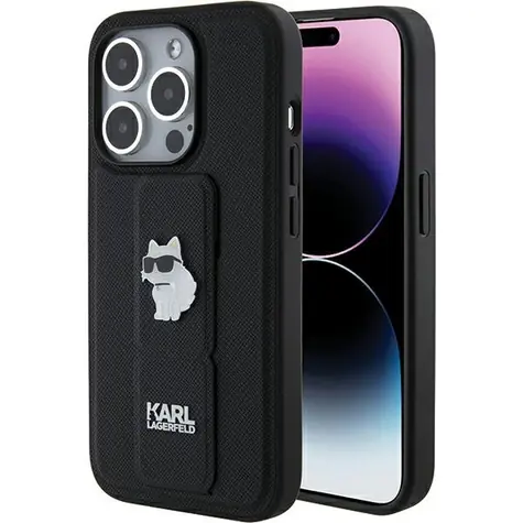 Karl Lagerfeld Saffiano Grip Stand Choupette Pins černá / Zadní kryt / Stojánek / MagSafe / iPhone 15 Pro Max