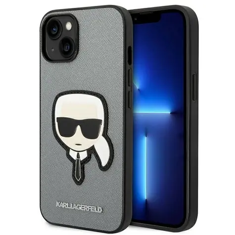 Karl Lagerfeld Saffiano Karl Head Patch iPhone 14 Plus stříbrná / Zadní kryt / PU kůže