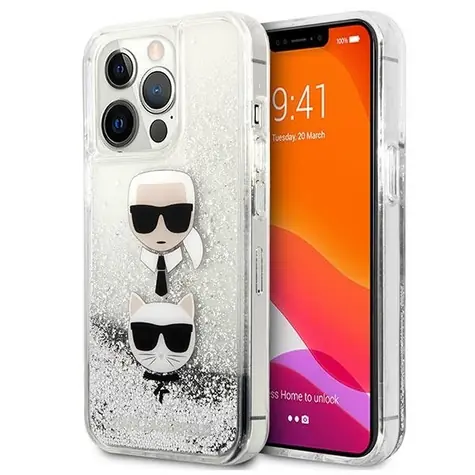Karl Lagerfeld Liquid Glitter Karl and Choupette Heads stříbrná / Zadní kryt / pro Apple iPhone 13 Pro Max