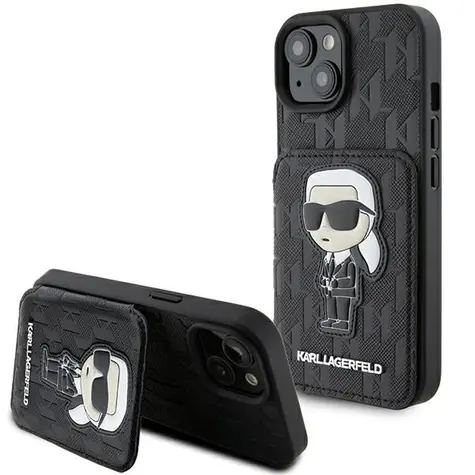 Karl Lagerfeld Saffiano Monogram Ikonik Patch černá / Zadní kryt pro Apple iPhone 15 / se stojánkem a kapsou na kartu