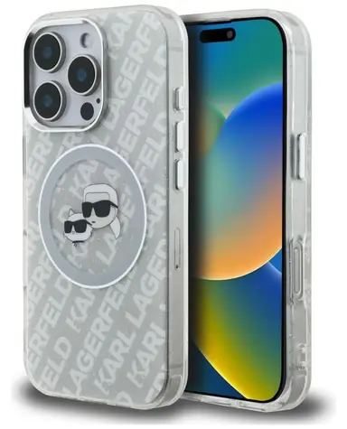 Karl Lagerfeld IML Glitter Karl and Choupette Heads šedá / Zadní kryt / MagSafe / Apple iPhone 16 Pro