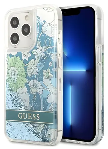 GUESS Flower Liquid Glitter zelená / Zadní kryt / Apple iPhone 13 Pro Max / Hardcase