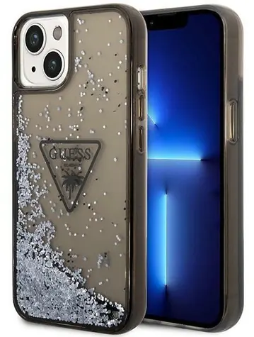 Guess GUHCP14SLFCTPK Liquid Glitter Palm černá / Kryt / iPhone 14 / tvrzený plast