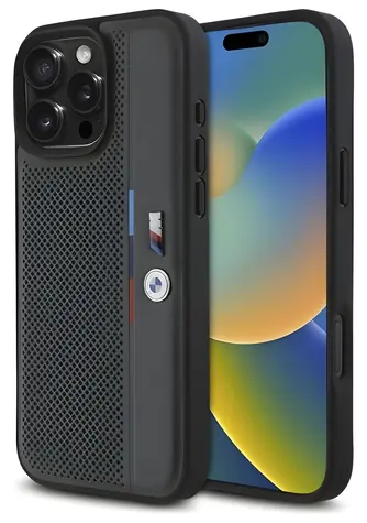 BMW M Perforovaný Tricolor kryt pro Apple iPhone 16 Pro Max tmavě šedá / Pouzdro / Perforovaný design