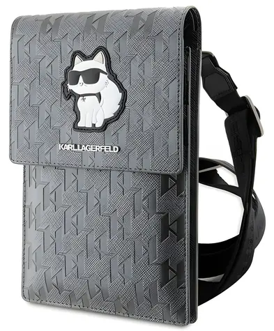 Karl Lagerfeld Saffiano Monogram Wallet Phone Bag Choupette stříbrná / Pouzdro / Kabelka na telefon