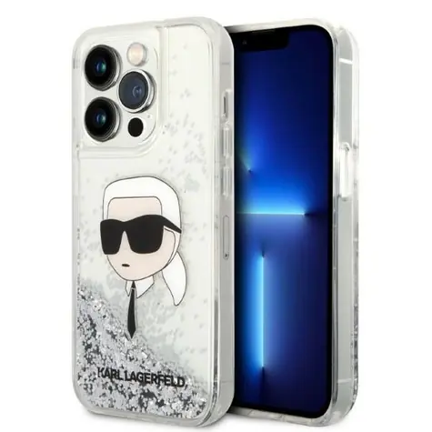 Karl Lagerfeld Glitter Karl's Head stříbrná / Kryt pro Apple iPhone 14 Pro Max / třpytivý design