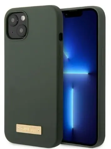 Guess Silicone Logo Plate MagSafe zelená/khaki / Zadní kryt / pro Apple iPhone 13 / MagSafe