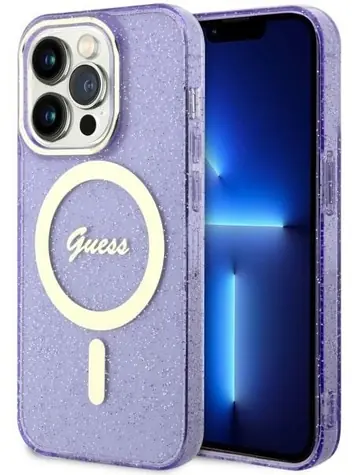 GUESS Glitter Gold Kryt pro Apple iPhone 14 Pro fialová / Kryt na mobilní telefon / MagSafe / Hardcase