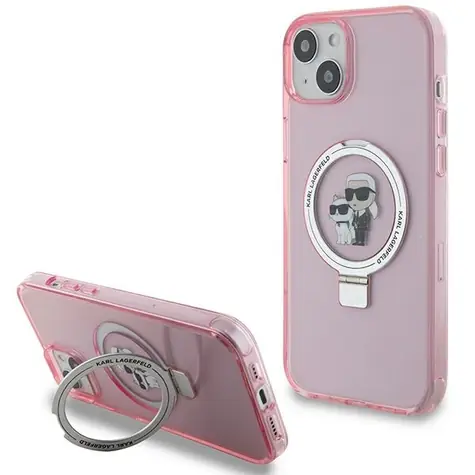 Karl Lagerfeld Ring Stand Karl & Choupette růžová pro iPhone 15 Plus / MagSafe zadní kryt / otočný stojánek