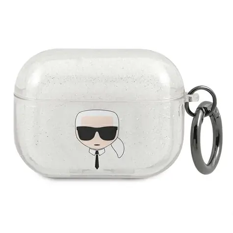 Karl Lagerfeld Glitter Karl's Head stříbrná / Pouzdro na AirPods Pro / Třpytivý povrch