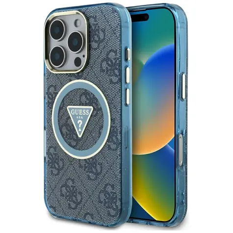Guess IML 4G Glitter Triangle MagSafe kryt pro iPhone 16 Pro Max modrá / Kryt / MagSafe / Třpytivý vzor