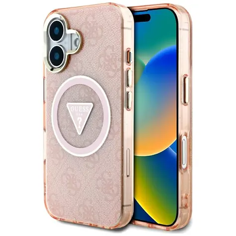 Guess IML 4G Glitter Triangle MagSafe kryt pro iPhone 16 růžová / Kryt / MagSafe / Třpytivý vzor