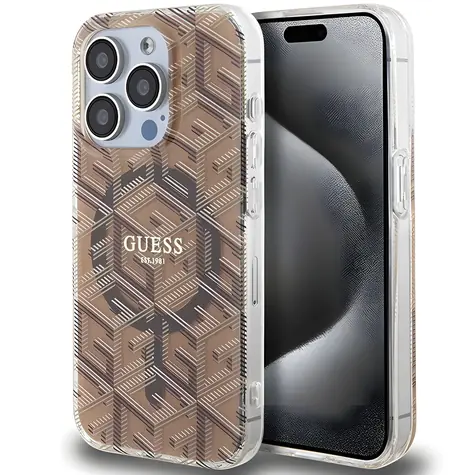 Guess IML G Cube MagSafe pro Apple iPhone 15 Pro hnědá / Zadní kryt / MagSafe
