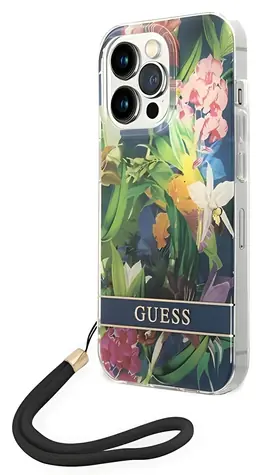 Guess GUOHCP14XHFLSB modrá / Kryt s květinovým řemínkem / pro Apple iPhone 14 Pro Max 6.7