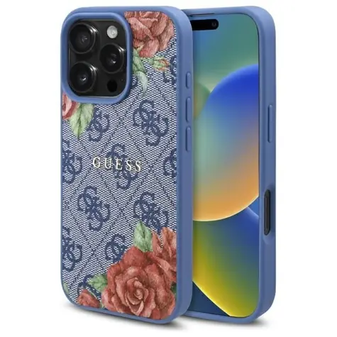 Guess 4G Flowers modrá / Zadní kryt / MagSafe / pro iPhone 16 Pro