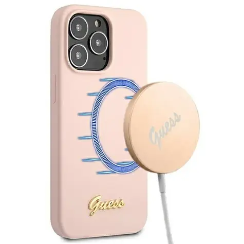 Guess Silicone Script Gold Logo světle růžová / Zadní kryt / iPhone 13 Pro Max / MagSafe