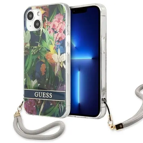 Guess Flower Strap modrá / Pouzdro / Apple iPhone 13 mini / tvrzený plast / poutko s květinovým vzorem