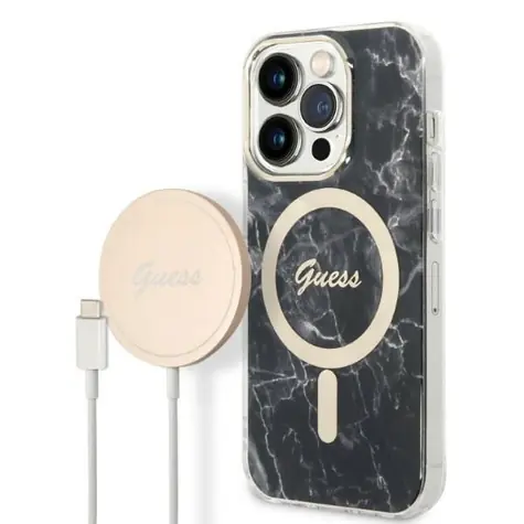 Guess Marble MagSafe černá / Sada kryt a bezdrátová nabíječka / Apple iPhone 14 Pro / 6,1