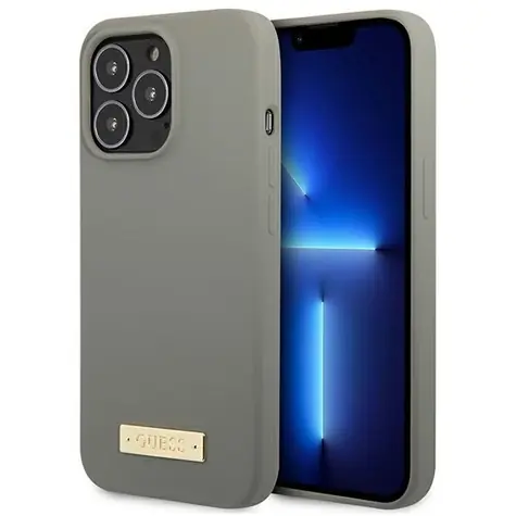 Guess GUHMP13LSPLG šedá / Kryt pro Apple iPhone 13 Pro / Silikonový / MagSafe / Logo Plate