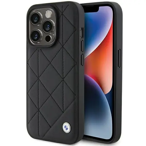 BMW Prošívaný kožený kryt pro iPhone 15 Pro Max černá / Zadní kryt