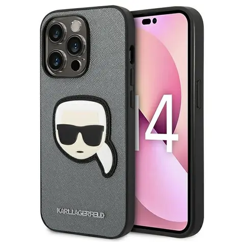 Karl Lagerfeld Saffiano Karl's Head stříbrná / Zadní kryt / Apple iPhone 14 Pro / Umělá kůže saffiano