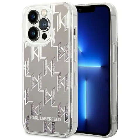 Karl Lagerfeld Liquid Glitter Monogram stříbrná / Kryt pro Apple iPhone 14 Pro Max / Hardcase / 6,7”