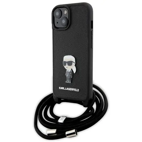 Karl Lagerfeld Saffiano Crossbody Karl & Choupette černá pro iPhone 15 / Zadní kryt / Monogram, kovový přívěsek