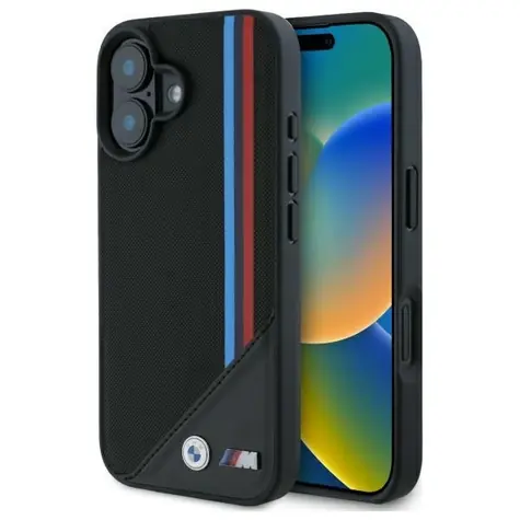 BMW M Meshed Tricolor Stripes pro Apple iPhone 16 černá / Zadní kryt / Síťovaný povrch / Trojbarevné pruhy BMW M
