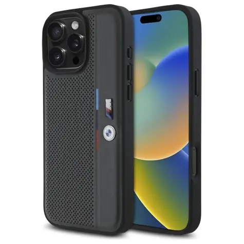 BMW M Perforated Tricolor Detail Line tmavě šedá / Zadní kryt / iPhone 16 Pro / perforovaný vzor / Tricolor Line
