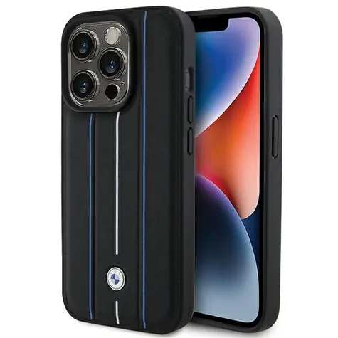 BMW Leather Stamp Blue Line kryt černá / Zadní kryt / iPhone 15 Pro Max / kůže / modrý pruh
