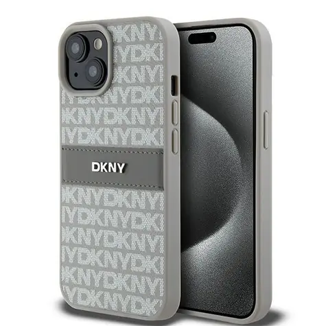 DKNY Leather Mono Stripe béžová / Zadní kryt / iPhone 15 Plus, iPhone 14 Plus / Kovové logo