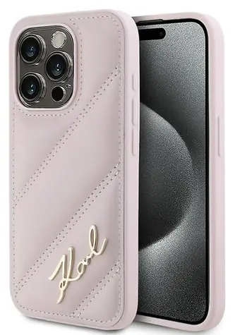 Karl Lagerfeld Diagonal Quilted Script růžová / Zadní kryt / Apple iPhone 15 Pro