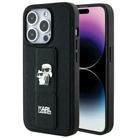 Karl Lagerfeld Gripstand Saffiano černá / Zadní kryt / Karl & Choupette Pins / pro iPhone 14 Pro