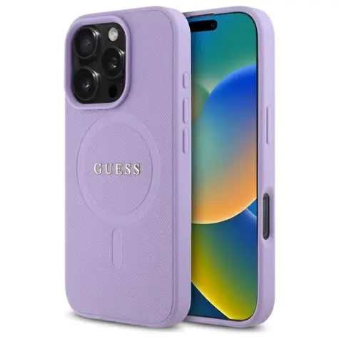 Guess Saffiano MagSafe Zadní kryt pro iPhone 16 Pro fialová / Pouzdro / Saffiano / MagSafe