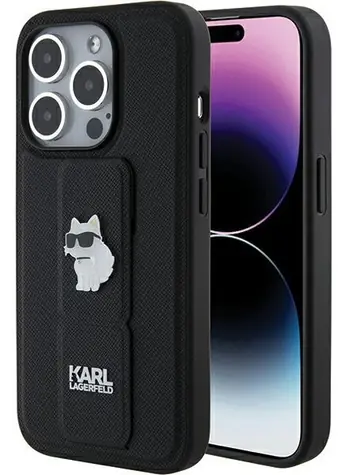 Karl Lagerfeld Gripstand Saffiano kryt černá / Kryt / iPhone 15 Pro / se stojánkem / Saffiano kůže / motiv Choupette